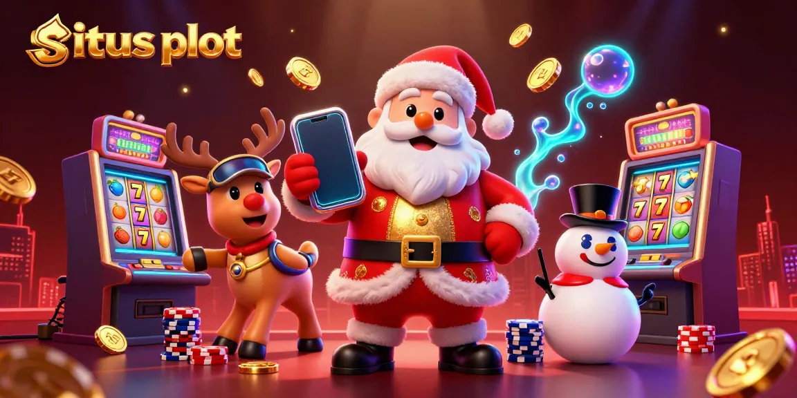 Experience the excitement of situs slot with Santa, a dealer-visored reindeer, and a poker chip snowman in a vibrant casino scene.
