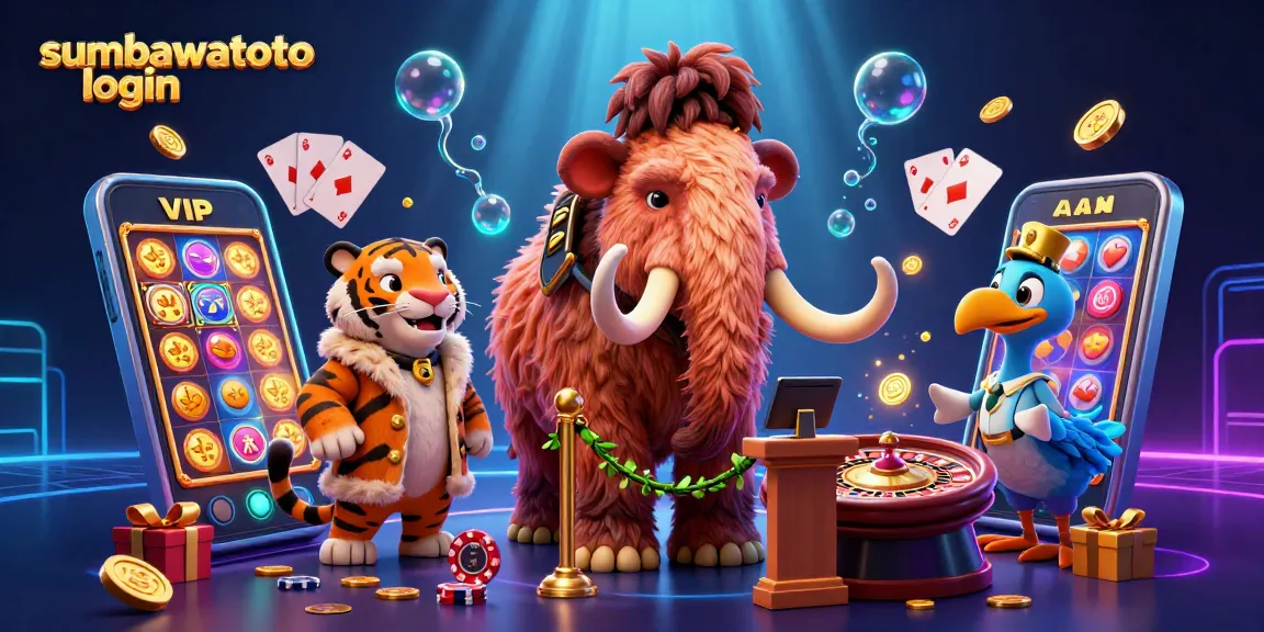 Grafis 3D menarik dengan sumbawatoto login, menampilkan Mammoth dan harimau serta elemen perjudian.
