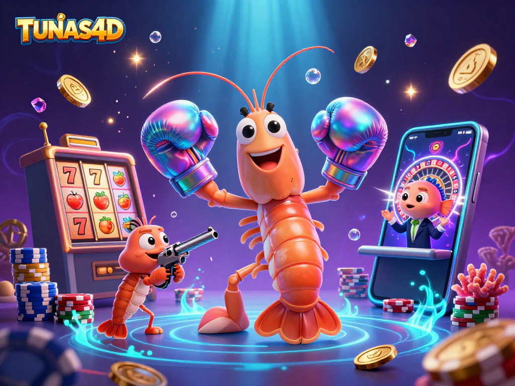TUNAS4D showcases a vibrant 3D illustration featuring a shrimp duo amidst spinning slots, coins, and poker chips.