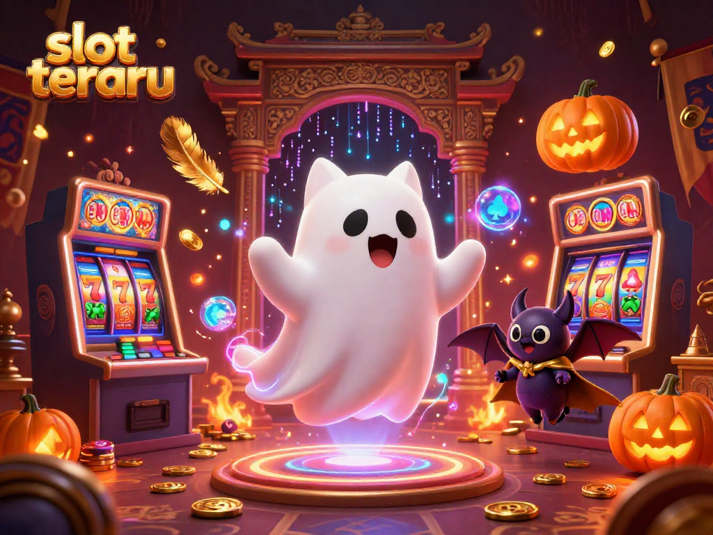 Experience the excitement of slot terbaru with a dynamic casino scene featuring a friendly ghost cat and a vampire bat.