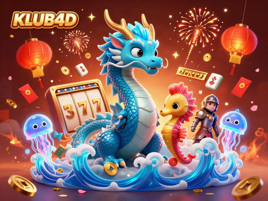 Gali peluang bermain di KLUB4D dengan ilustrasi naga air dan penjaga kuda laut di dunia kasino virtual.