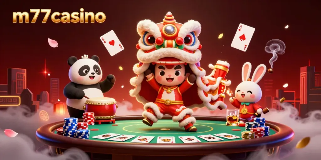 Gambarkan aksi memukau di m77casino dengan kostum tarian singa Tiongkok dan karakter lucu di sekitar meja poker.