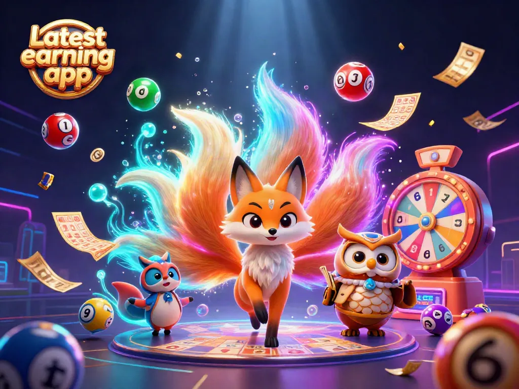 Engage with the Latest earning app through a vibrant 3D scene of a mystical fox and owl amid colorful gaming elements.