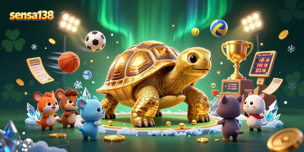 Sensa138 features a vibrant 3D scene showcasing players enjoying gaming, with golden tortoise pinball theme.
