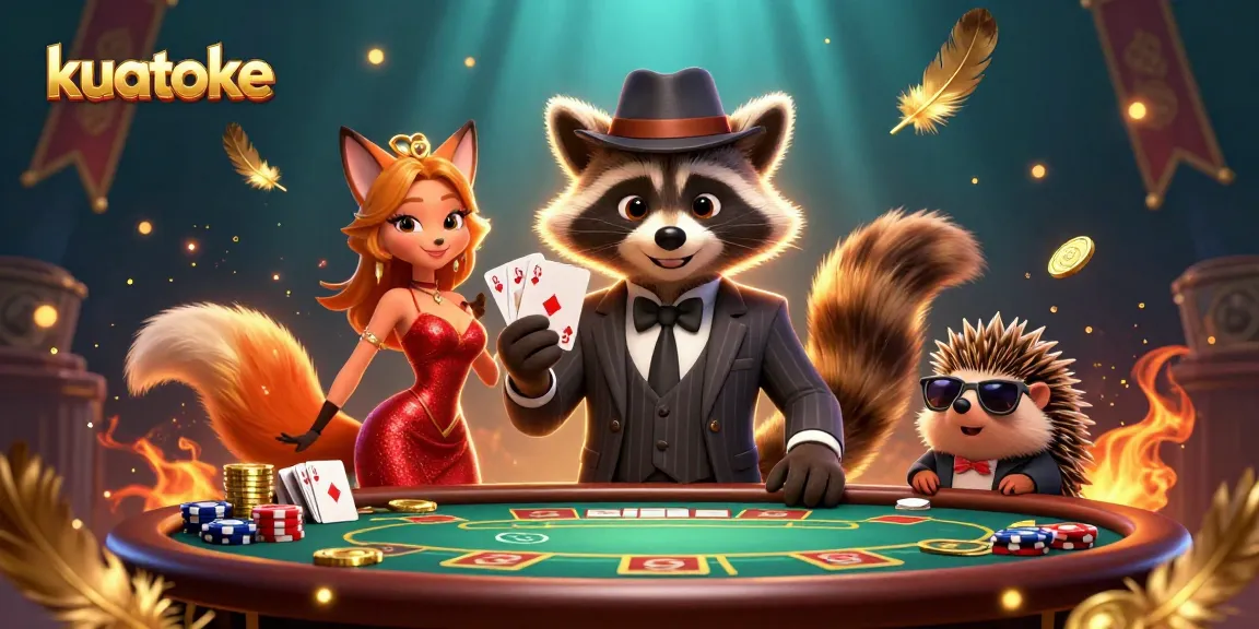 Kuatoke invites players to gamble with a regal flush hand in a vibrant casino scene.