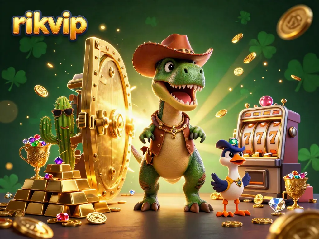 Engage with rikvip's vibrant 3D illustration showcasing a whimsical casino scene filled with treasures.
