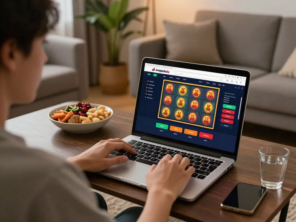 Engaging in online gaming with Juraganbola interface visible on laptop screen in a cozy home.