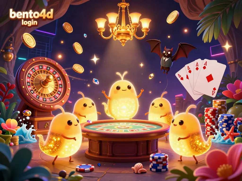 Experience the excitement of the bento4d login with vibrant casino-themed elements and a whimsical glowworm crew.