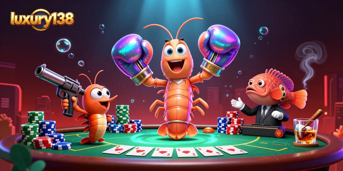 Engage with luxury138 at the lively poker scene featuring vibrant cartoon characters and rich gambling elements.
