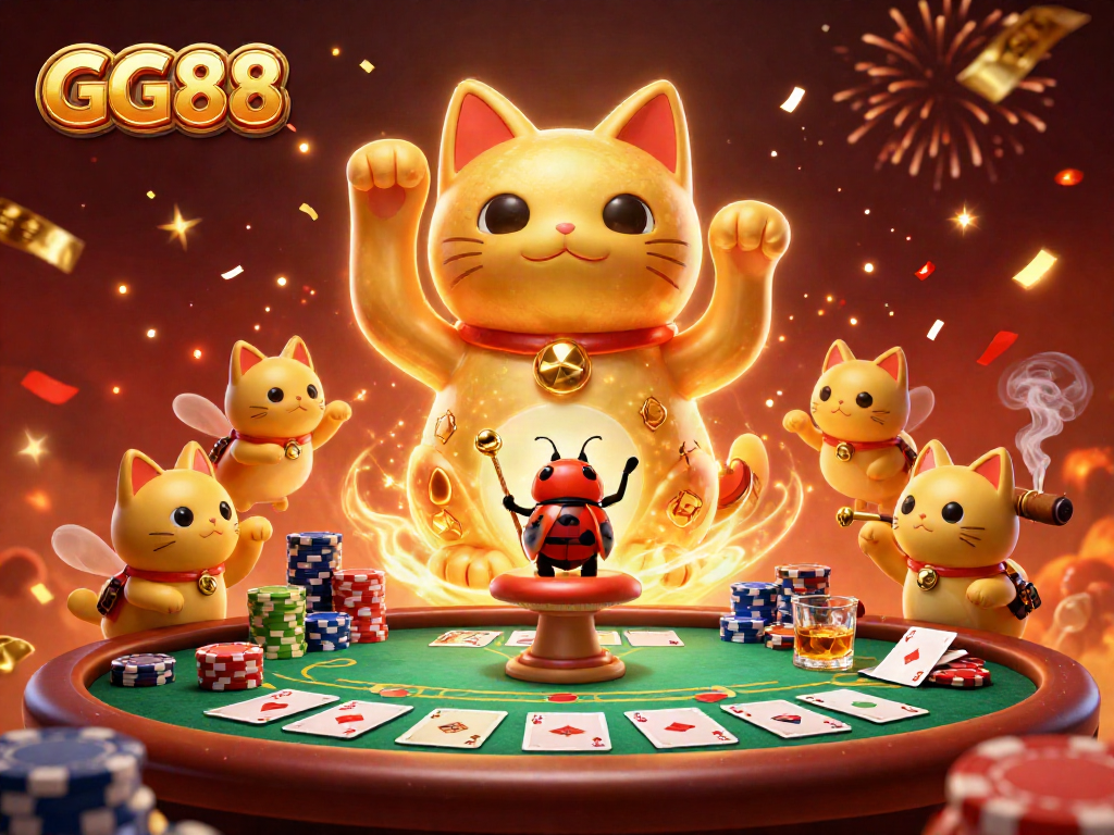 GG88 showcases a vibrant, dynamic casino scene filled with poker elements and a lucky cat.