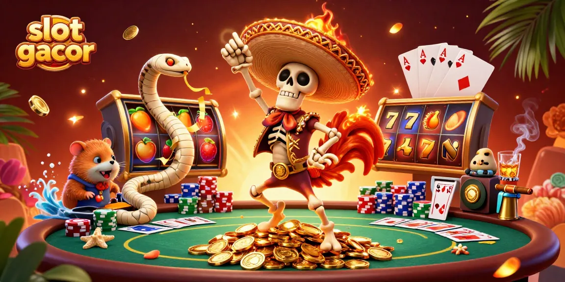 Slot gacor menampilkan karakter unik bermain sembari berjoget di tumpukan koin emas.