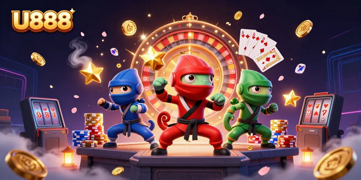 Experience U888’s dynamic casino action with a 3D ninja chameleon team and vibrant gaming elements.