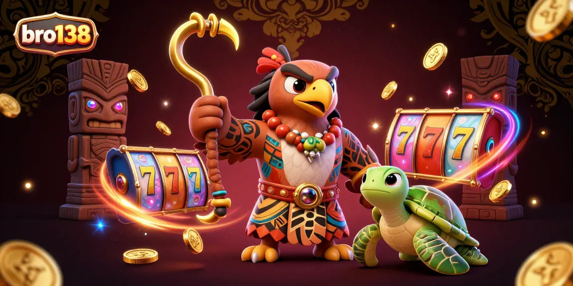 Engage with bro138's thrilling slots and jackpots amidst vibrant tropical characters and dynamic elements.