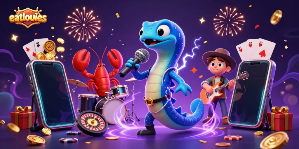 Permainan slot menyenangkan dengan eatlouies, karakter listrik dan band melakukan pertunjukan di kasino bawah laut.