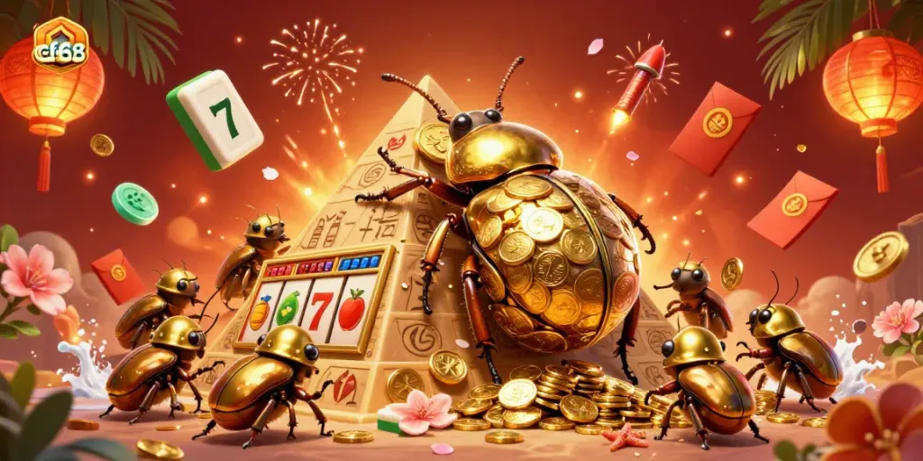 Engage in thrilling gameplay with cf68, witnessing a massive dung beetle rolling golden coins and vibrant casino symbols.