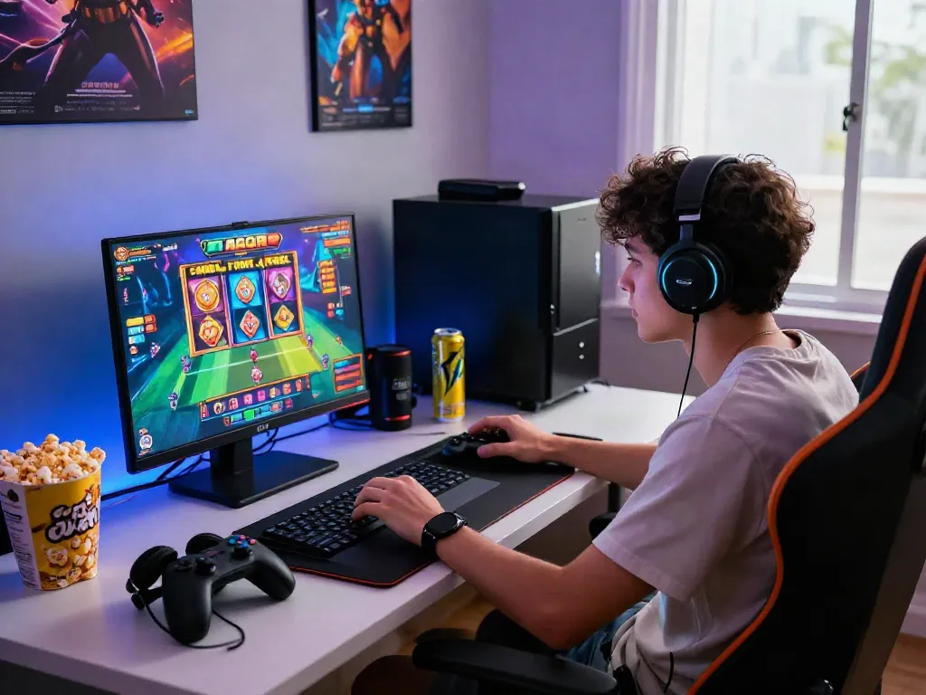 Engaged gamer playing slot gacor on a modern laptop in a vibrant gaming setup.