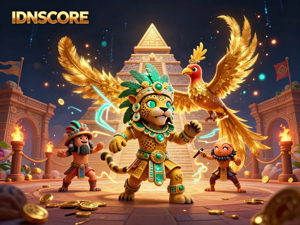Witness the IDNSCORE casino magic with Mayan jaguar and quetzal bird in a vibrant 3D scene.