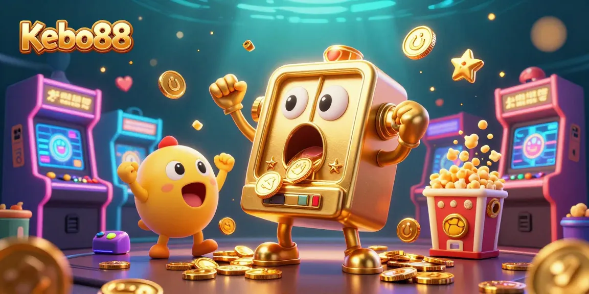 Kebo88 jackpot dengan mesin slot emas yang bahagia dan ceria, dikelilingi koin emas dan elemen permainan lainnya.