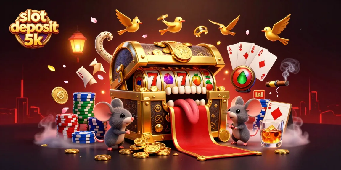 Engaging scene of slot deposit 5k featuring a golden treasure chest enticing adventurer mice amidst vibrant slots and poker elements.