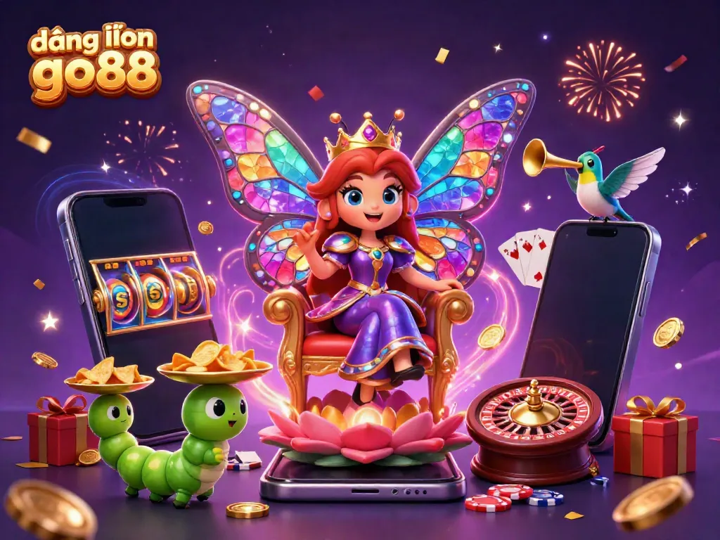 Explore the vibrant and dynamic scene with the butterfly queen and gambling elements celebrating đăng nhập go88.