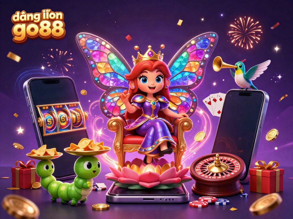 Explore the vibrant and dynamic scene with the butterfly queen and gambling elements celebrating đăng nhập go88.