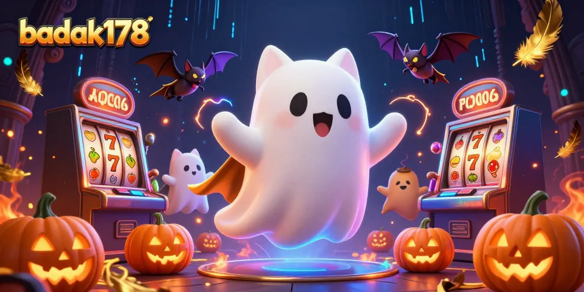 Engage with badak178 in a vibrant haunted casino game scene with a ghost cat and glowing jack-o-lanterns.