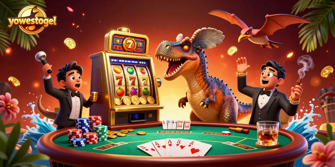 Experience yowestogel excitement as prehistoric creatures engage in thrilling gambling action at a vibrant casino.