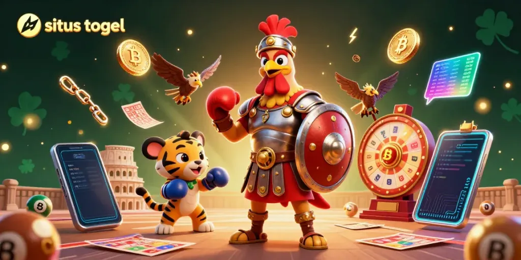 Experience situs togel excitement with a gladiator rooster as vibrant lottery balls and digital coins surround the arena.