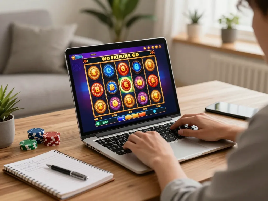 Engaging in online slot games at home with stunning visuals of situs toto on screen.