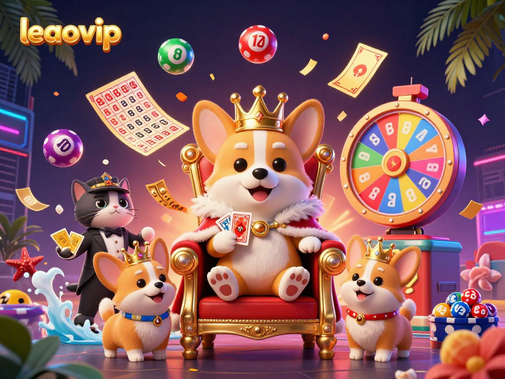 Experience the fun of leaovip with animated characters and vibrant casino elements in a festive 3D scene.