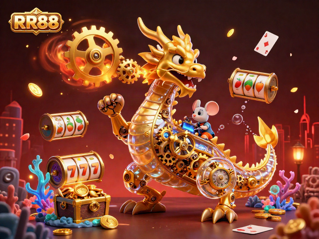 Experience the thrill of RR88 casino with immersive slot games and a vibrant dragon scene.