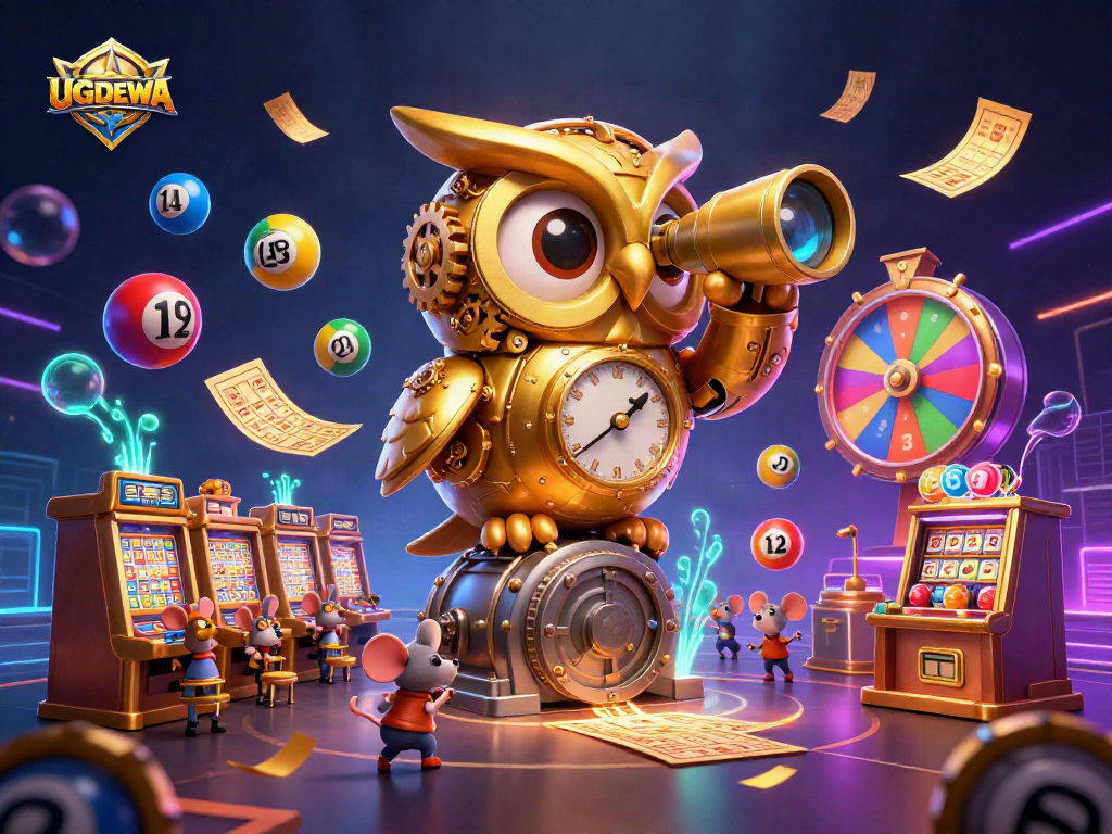 Win exciting prizes at UGDEWA's casino featuring a vibrant gaming atmosphere and energetic characters.
