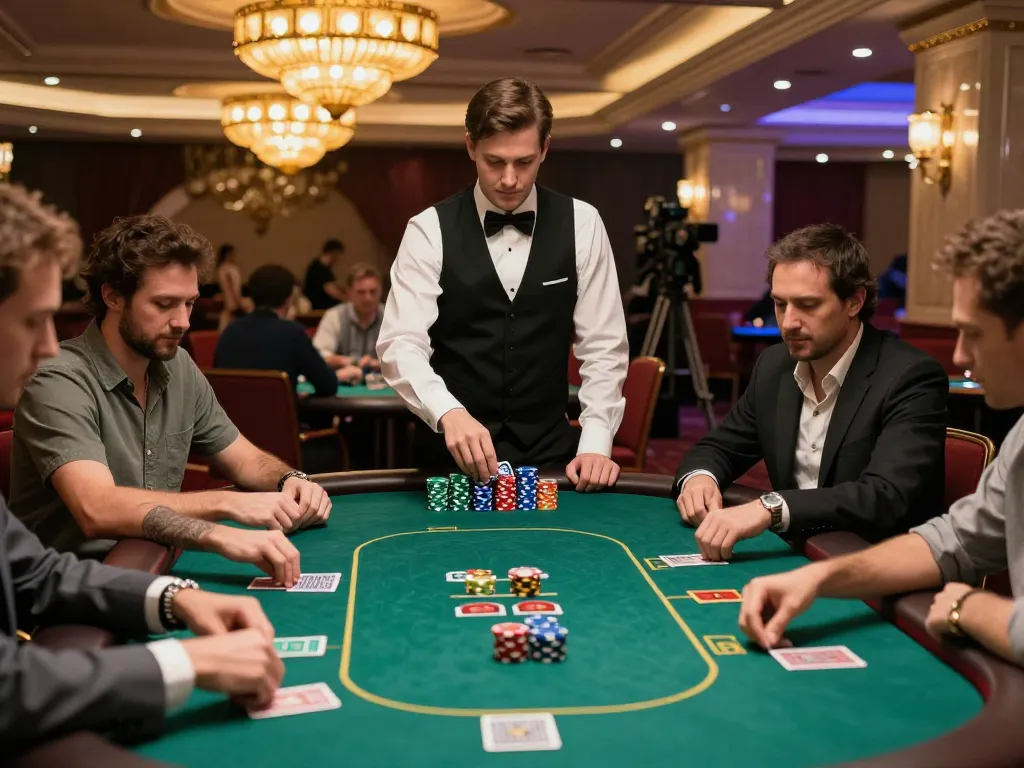 Juraganbola players strategizing at a poker table surrounded by colorful chips and ambient lighting.