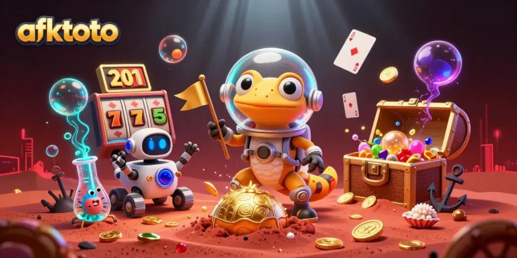 Engage in thrilling adventures with afktoto, featuring a Martian gecko discovering a golden casino filled with exciting slots.