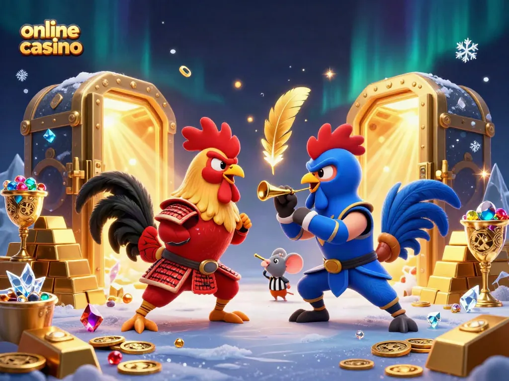 Engage with our dynamic online casino scene featuring a standoff between roosters in vibrant armor.
