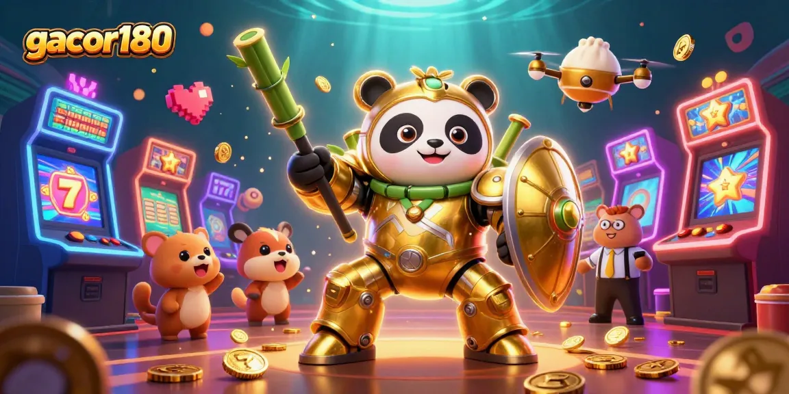 Gacor180 menyajikan ilustrasi kasino dengan panda emas dan robot, penuh permainan menawan.