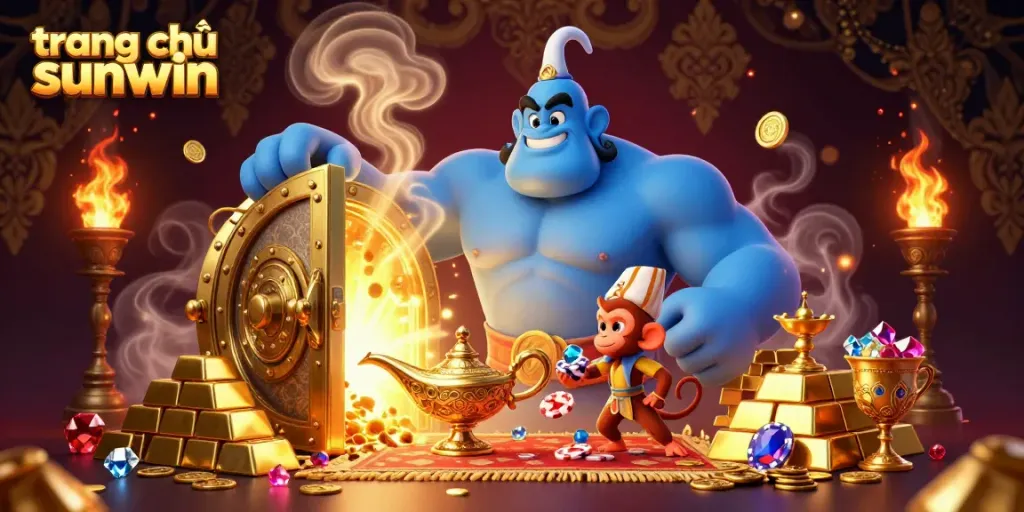 Immerse in the excitement at trang chủ sunwin with a lively 3D casino scene featuring a genie, monkey, and poker elements.