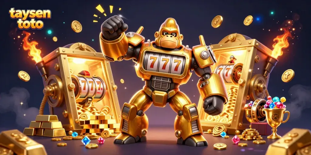 A dynamic scene showcasing the taysen toto-themed golden gorilla mech amidst slot machine reels and treasure elements.