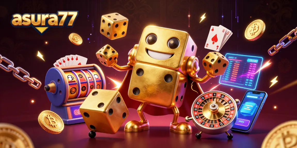 Experience the thrill of winning at asura77 with this vibrant slot gaming scene featuring golden dice and crypto coins.