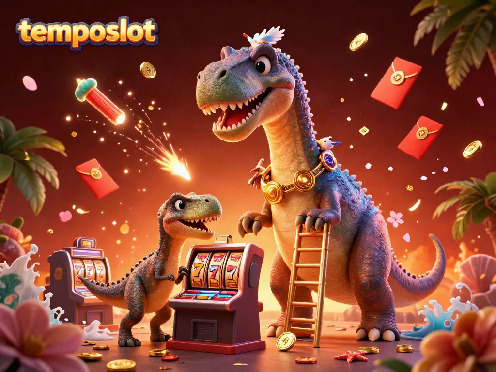 Experience the excitement of temposlot with a 3D dinosaur and raptor enjoying slot machines.