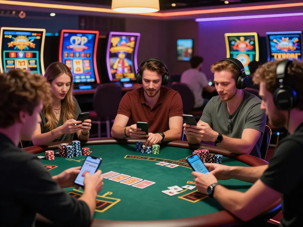 Players engaging with MM88 online casino games, showcasing excitement and vibrant digital interfaces.