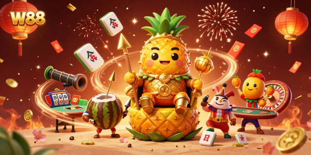 Place your bets at W88 with a vibrant 3D tropical casino scene filled with exciting game elements.
