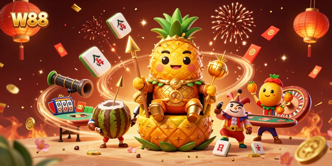 Place your bets at W88 with a vibrant 3D tropical casino scene filled with exciting game elements.
