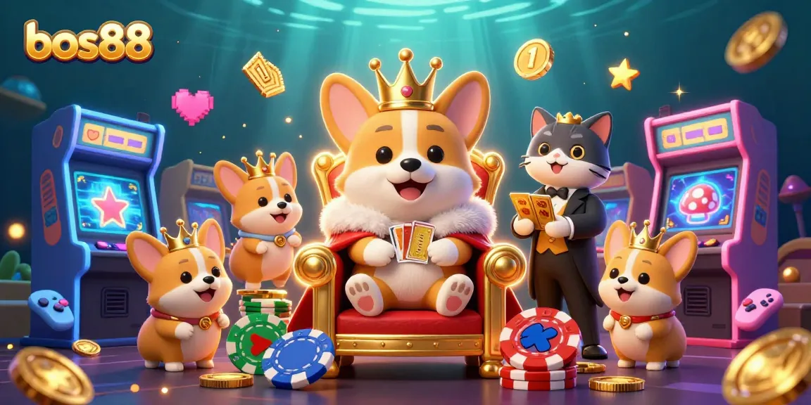 Experience exclusive gaming at bos88 with a royal corgi surrounded by vibrant casino elements.