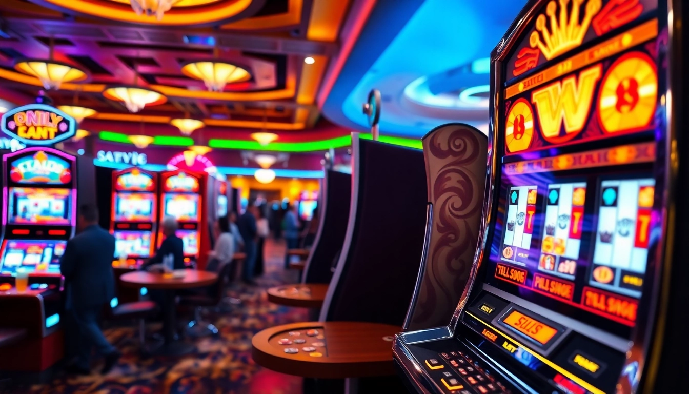 Main slot machine in a lively casino environment, showcasing vibrant lights and excited players.