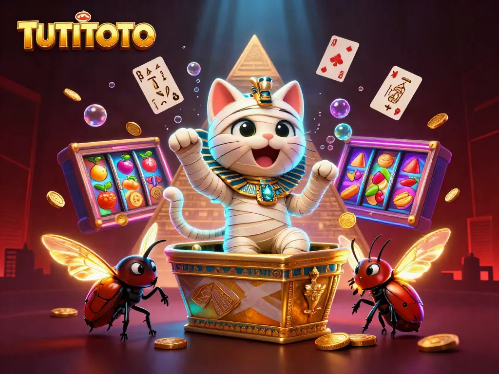 Engage with TUTITOTO, where a cartoon mummy cat bursts from a golden sarcophagus amidst a vibrant casino.