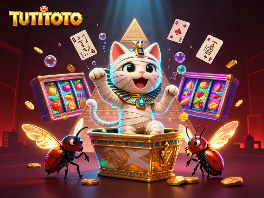 Engage with TUTITOTO, where a cartoon mummy cat bursts from a golden sarcophagus amidst a vibrant casino.