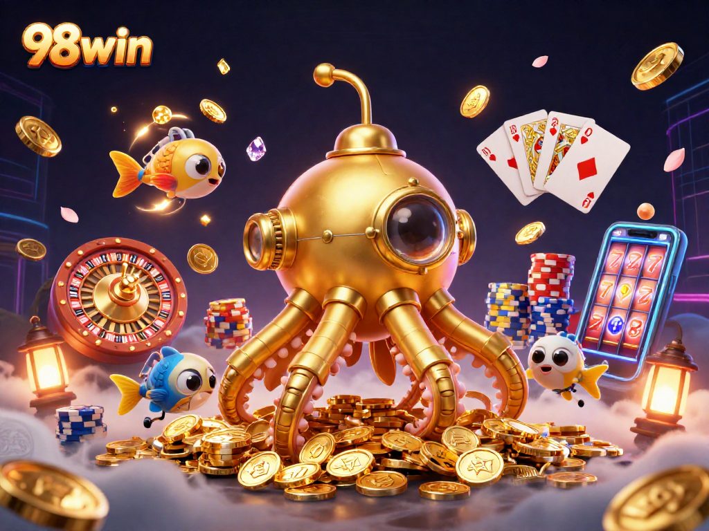 Spin and win at 98win with a vibrant casino scene filled with gold coins and thrilling games.
