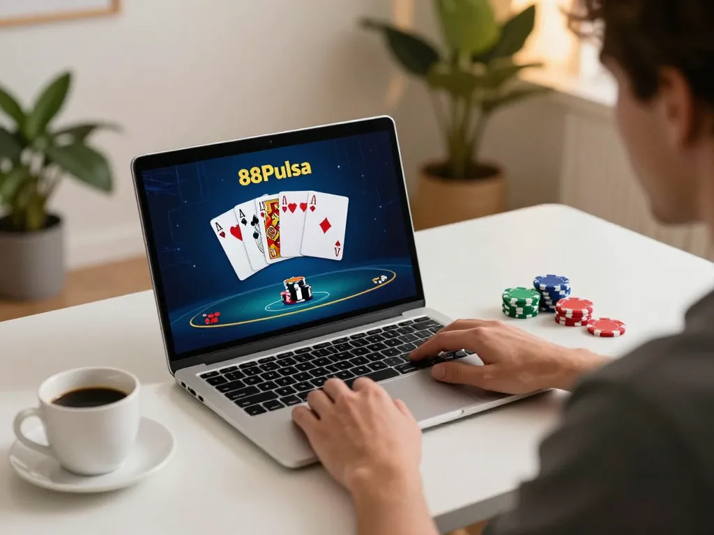 Bermain poker dengan taruhan tinggi secara online dengan 88Pulsa di pengaturan rumah yang nyaman.