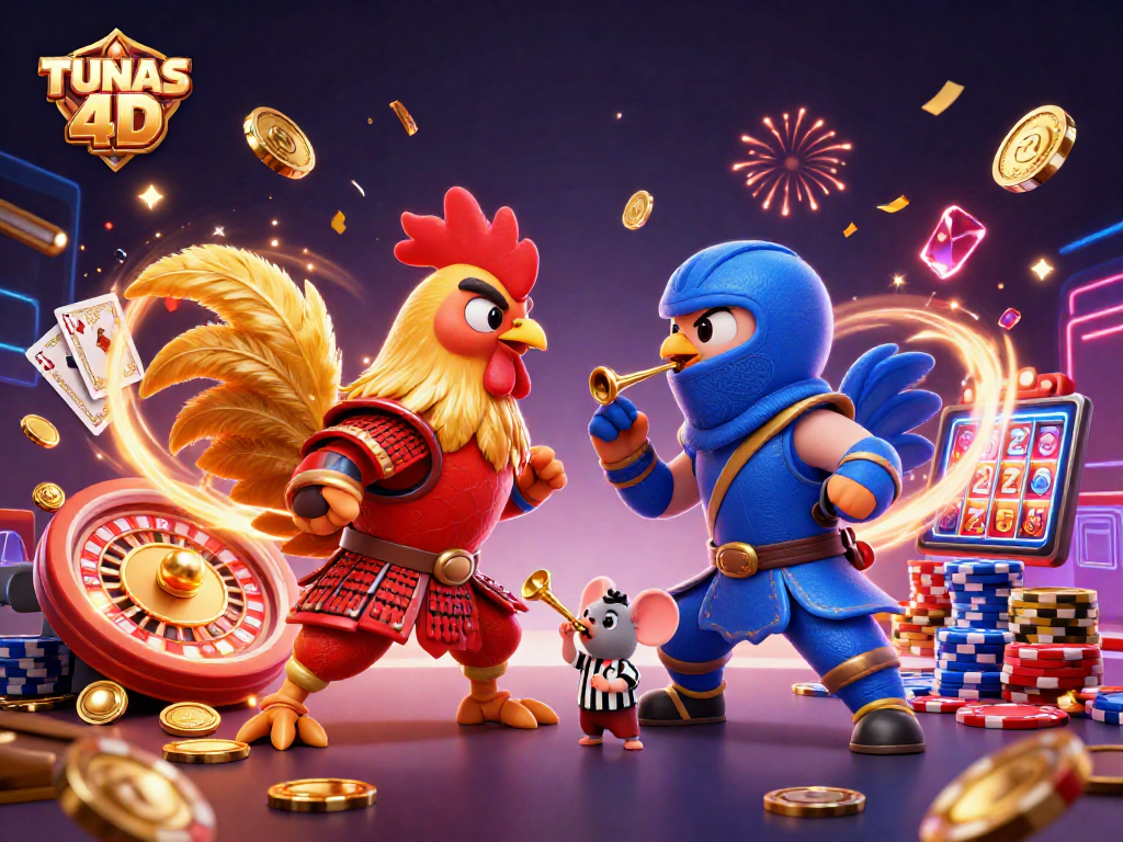 Experience thrilling action with TUNAS 4D as cartoon roosters battle in a vibrant casino scene.